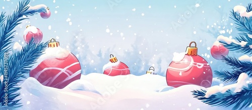 Snowy Christmas landscape featuring colorful ornaments nestled in a winter scene with falling snowflakes and pine branches.