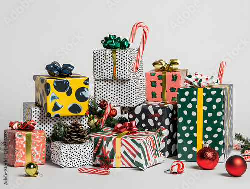 Colorful Christmas gift boxes with ribbons and decorations for holiday celebration photo