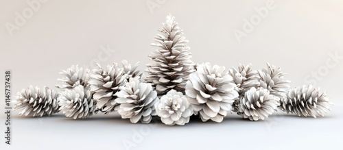 Elegant white Christmas tree adorned with pine cone decorations for festive wallpaper or postcard design.