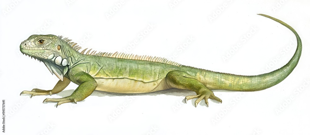 Realistic illustration of a green iguana showcasing its detailed features and coloration on a white background. Realistic illustration of a green iguana showcasing its detailed features and coloration on a white background.