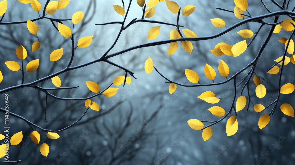 Autumn foliage branches with vibrant yellow leaves against a misty forest background creating a serene nature scene. Autumn foliage branches with vibrant yellow leaves against a misty forest background creating a serene nature scene.