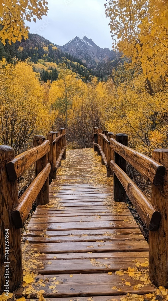 Fototapeta premium A serene wooden bridge surrounded by vibrant autumn foliage and mountains in the background.