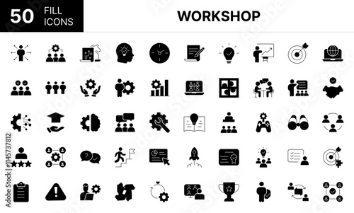 Collection of 50 Workshop fill icons featuring editable strokes. These outline icons depict various modes of Workshop, training, set, people, seminar, line, business, 