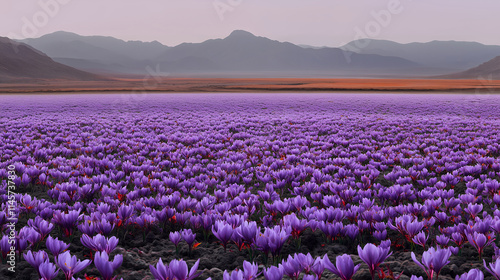 Vibrant Purple Saffron Crocus Field, Rolling Hills and Saffron Flowers