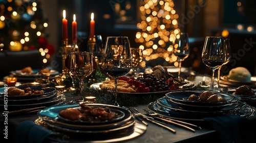 Christmas food menu dinner table place setting dark background