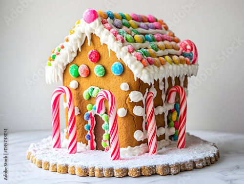 A whimsical gingerbread house, adorned with icing and candy, sits on a snowy backdrop, a festive treat for the holiday season photo