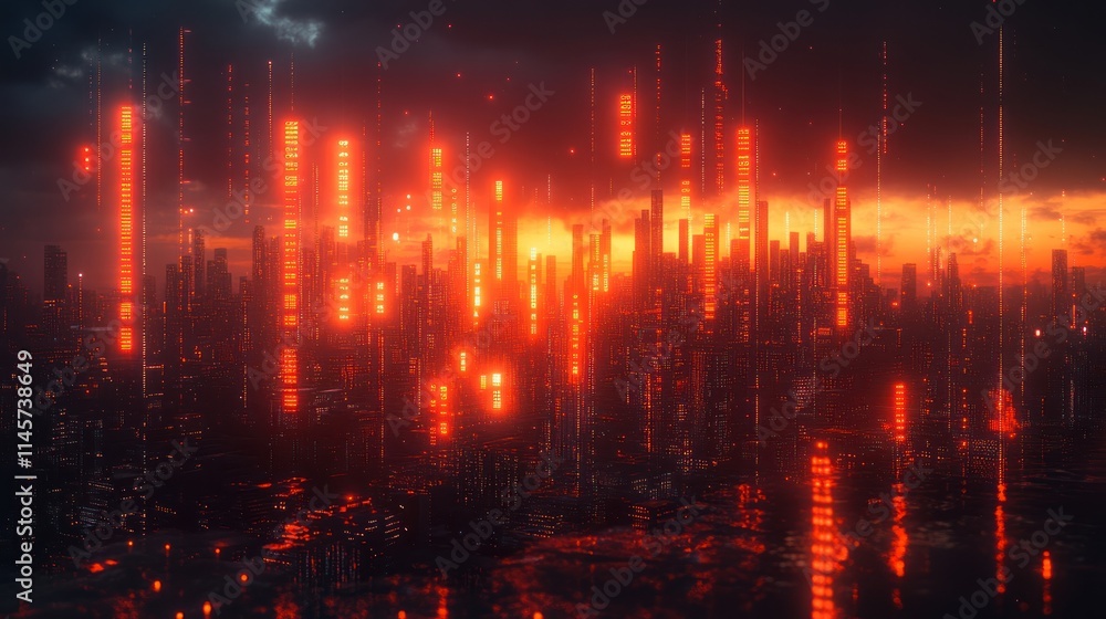 Fototapeta premium Futuristic cityscape with glowing digital elements.