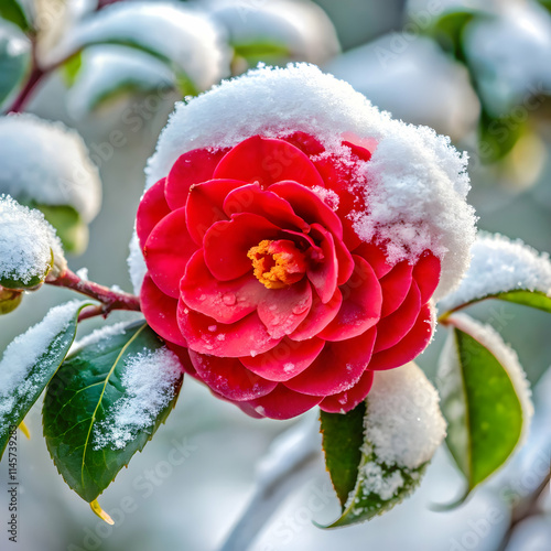 red camellia sasanqua blooming on frost covered photo