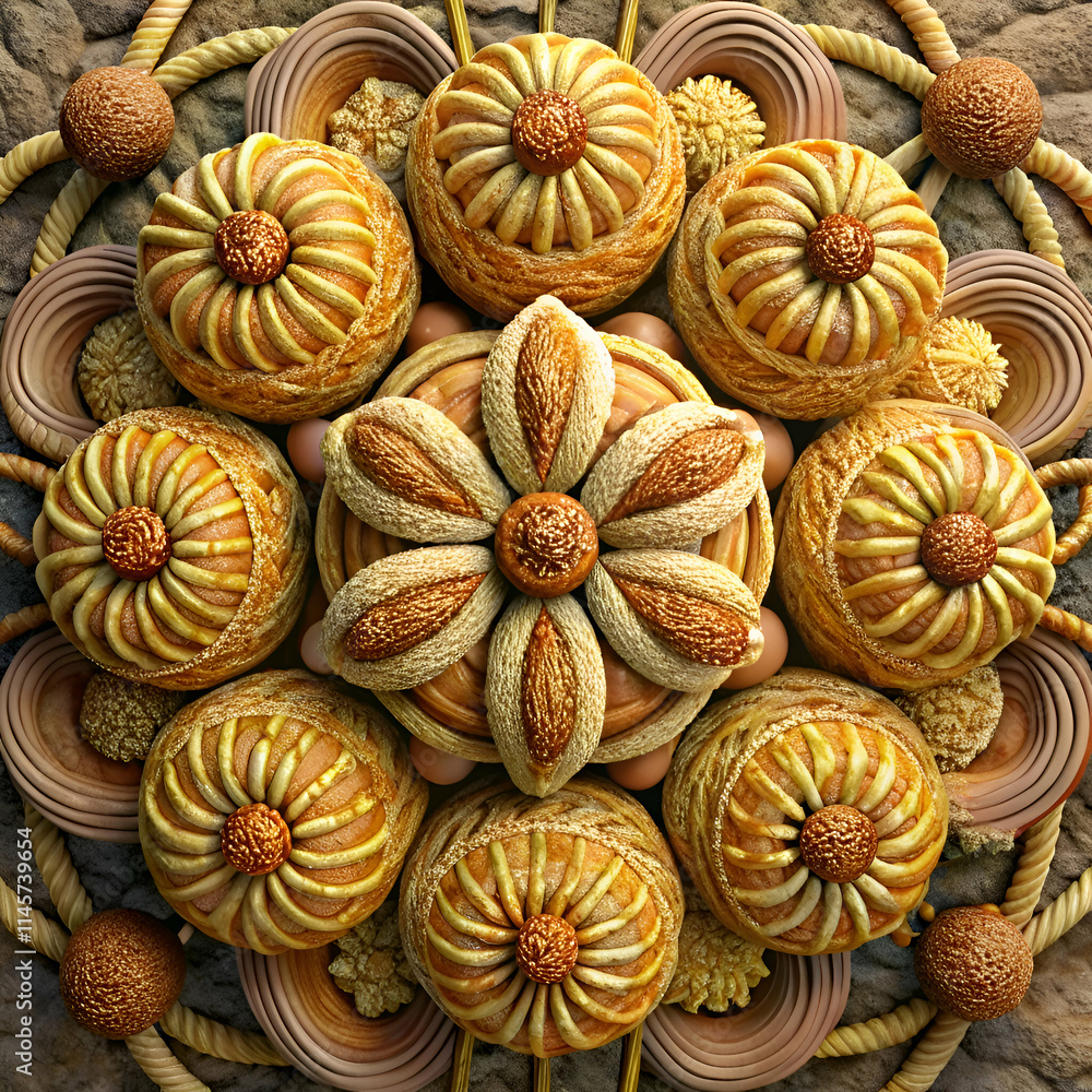 A Golden Mandala of Intricate Flower Designs. A Golden Mandala of Intricate Flower Designs.