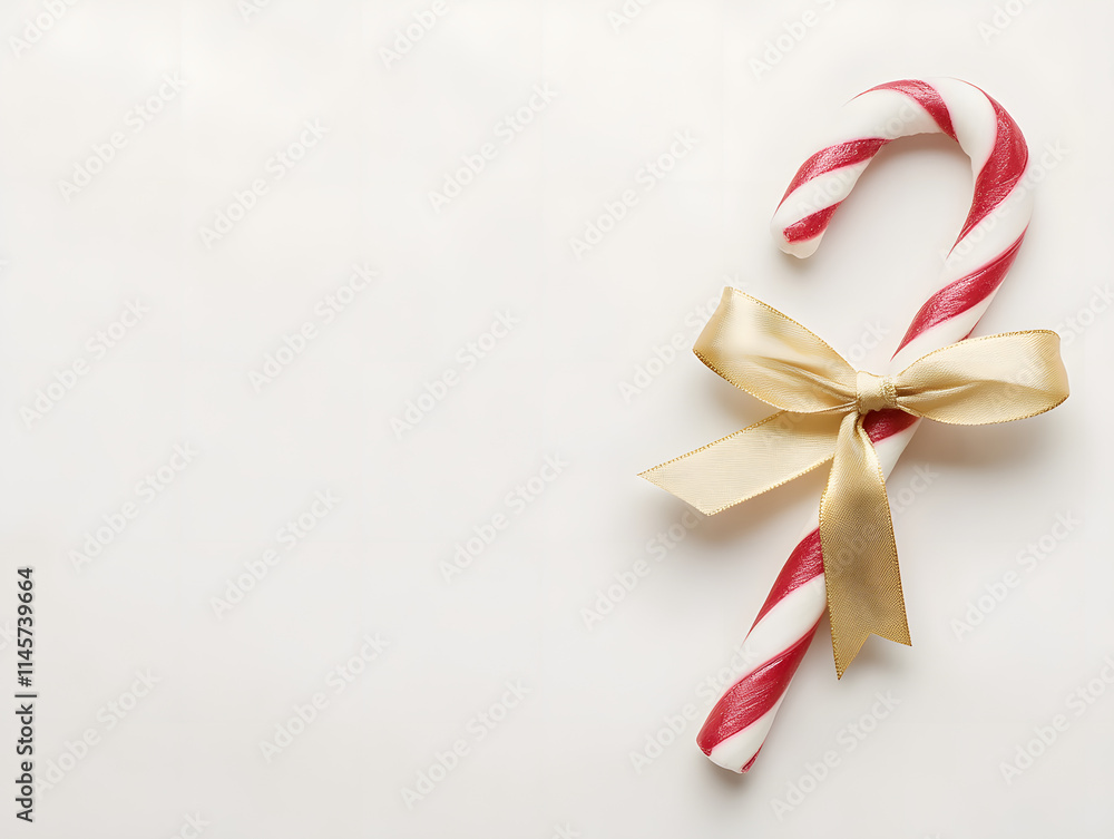 Red Christmas cane with ribbon and bow on gift box, decorated for holiday celebration with festive love and heart-shaped elements Red Christmas cane with ribbon and bow on gift box, decorated for holiday celebration with festive love and heart-shaped elements