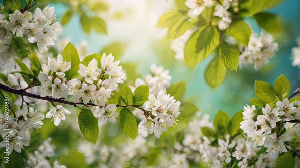 tree blossom, Abstract blurred beautiful spring background with fresh leaves