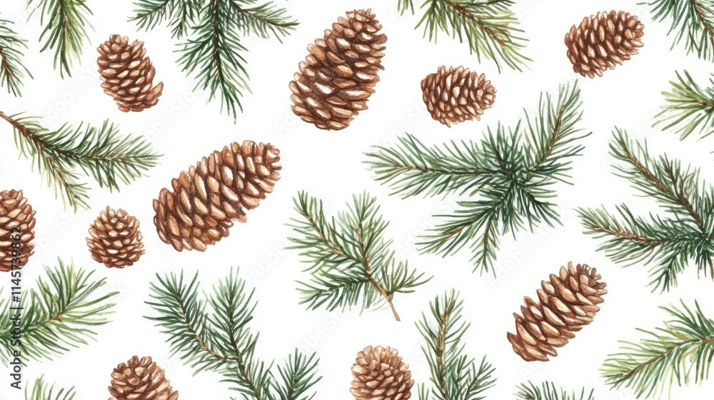 Christmas pattern featuring fir branches and pine cones on a white background showcasing the beauty of natural design elements Christmas pattern featuring fir branches and pine cones on a white background showcasing the beauty of natural design elements