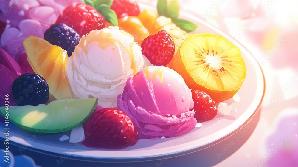 Colorful fruit ice cream served on a plate garnished with fresh fruits and mint leaves creating a delightful dessert scene Colorful fruit ice cream served on a plate garnished with fresh fruits and mint leaves creating a delightful dessert scene