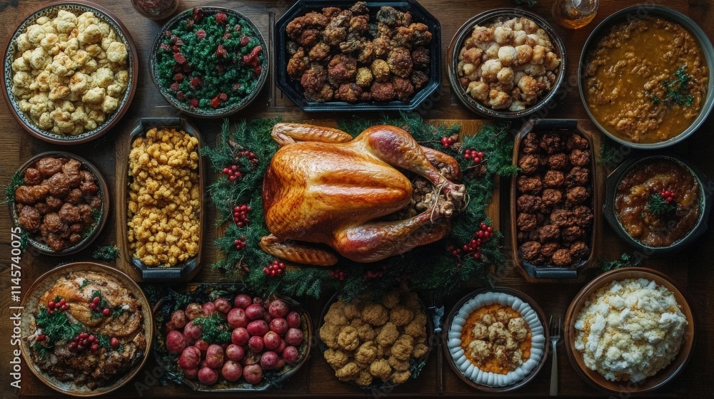 A Festive Thanksgiving Feast Featuring a Whole Roasted Turkey Surrounded by Assorted Delicious Side Dishes, Fresh Herbs, and Seasonal Decorations A Festive Thanksgiving Feast Featuring a Whole Roasted Turkey Surrounded by Assorted Delicious Side Dishes, Fresh Herbs, and Seasonal Decorations