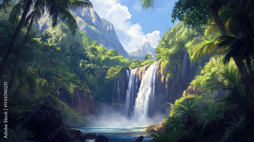 Serene tropical waterfall surrounded by lush greenery and majestic mountains under a bright blue sky Serene tropical waterfall surrounded by lush greenery and majestic mountains under a bright blue sky