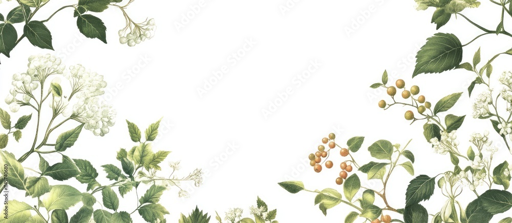 Round floral frame with green leaves viburnum and sweet briar berries on a clean white background for decorative or branding purposes Round floral frame with green leaves viburnum and sweet briar berries on a clean white background for decorative or branding purposes