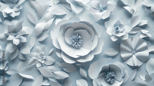 Elegant blue paper flowers and leaves composition for decorative backgrounds or design projects showcasing intricate craftsmanship.