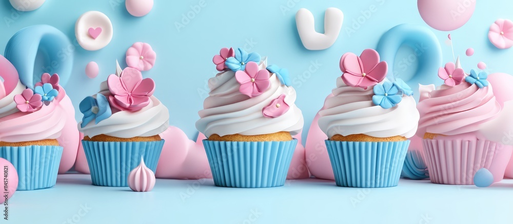 Colorful cupcake display featuring pink and blue flower decorations on a pastel backdrop with playful elements for a festive feel