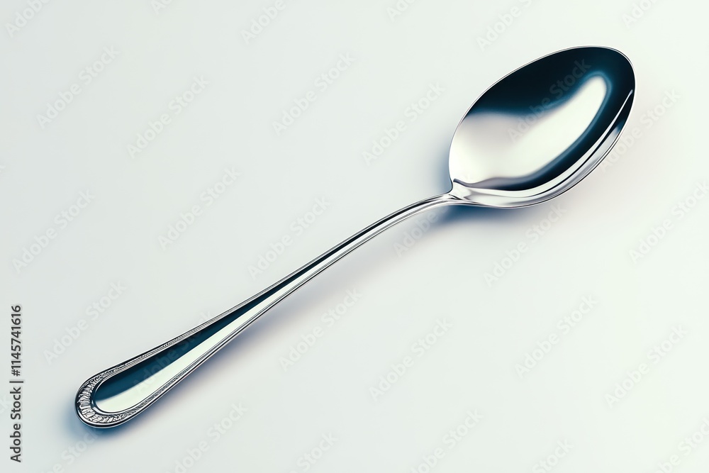Shiny Silver Kitchen Ladle on Bright White Background with Subtle Reflections Shiny Silver Kitchen Ladle on Bright White Background with Subtle Reflections
