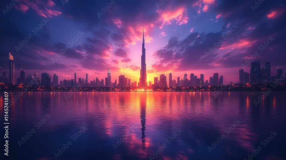 Sunset skyline featuring a tall tower and reflections. Sunset skyline featuring a tall tower and reflections.