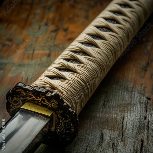 Close-up of a katana's tsuka, showing intricate tsuka-ito wrapping and ornate menuki. photo