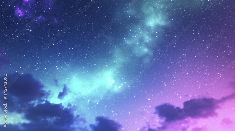 Fototapeta premium stunning night sky filled with stars and colorful clouds, showcasing shades of blue, purple, and green. celestial beauty evokes sense of wonder and tranquility