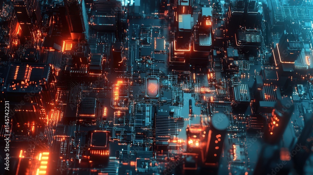 Futuristic circuit board technology representing Industry 5 0 with AI and IoT innovations in urban digital infrastructure. Futuristic circuit board technology representing Industry 5 0 with AI and IoT innovations in urban digital infrastructure.