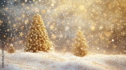 Golden Christmas tree decorations and sparkling stars on a snowy background with snowflakes creating a vintage holiday atmosphere
