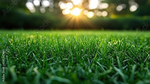Fototapeta Naklejka Na Ścianę i Meble -  Closeup of grass and landscape with sunshine, nature, and green growth. Outdoor park lawn meadow and environment for summer season, vibrant field and morning background