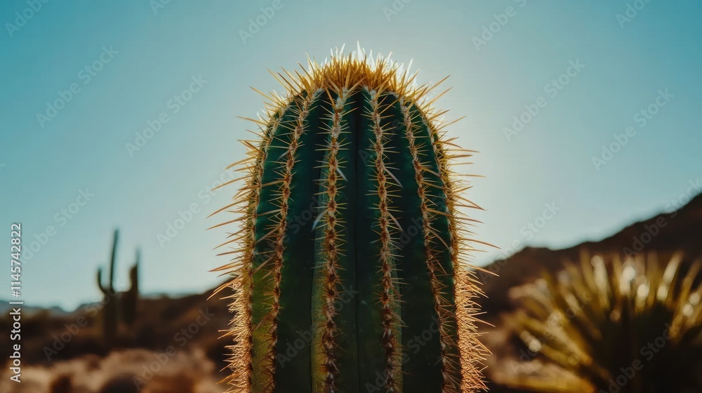 Close-up of a vibrant green cactus with sharp spines against a bright blue sky and sunlit desert background. Close-up of a vibrant green cactus with sharp spines against a bright blue sky and sunlit desert background.