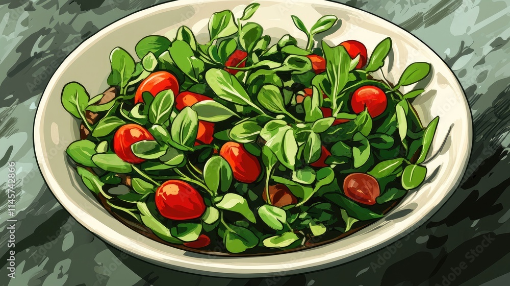 Fresh purslane salad with cherry tomatoes highlighting edible wild greens rich in Omega 3 nutrients in a vibrant serving bowl. Fresh purslane salad with cherry tomatoes highlighting edible wild greens rich in Omega 3 nutrients in a vibrant serving bowl.