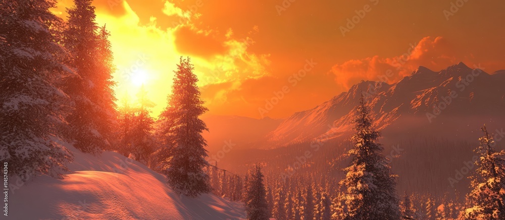 Sunset view from a ski lift ascending to the summit surrounded by snow-covered trees and mountain peaks in a winter landscape. Sunset view from a ski lift ascending to the summit surrounded by snow-covered trees and mountain peaks in a winter landscape.