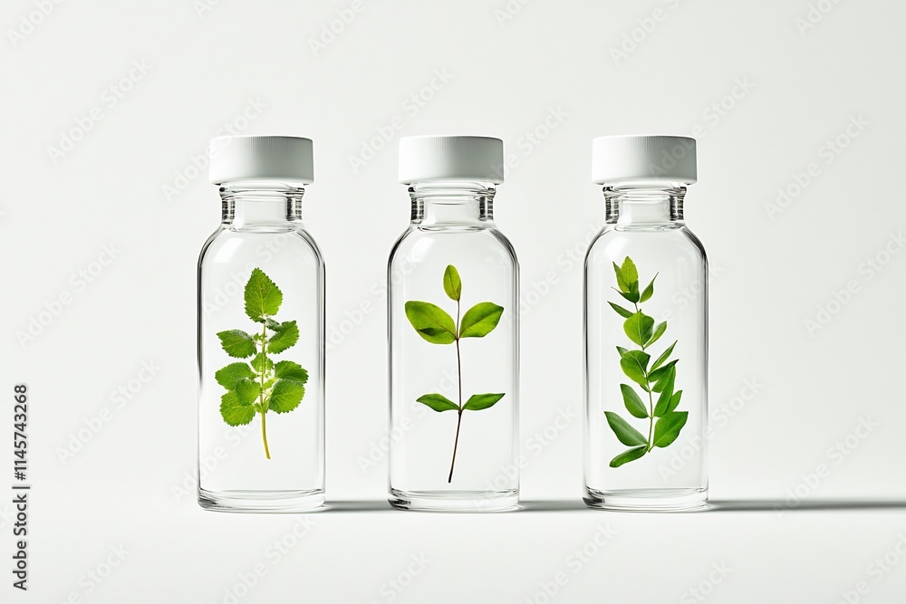 Three glass bottles with green leaves inside on white background. Three glass bottles with green leaves inside on white background.