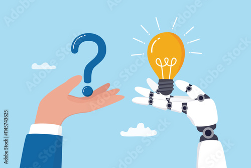 Artificial intelligence AI to help solve problem, chatbot or machine learning to answer hard question, assistance service, technology to help concept, human hand with question mark and AI answer.