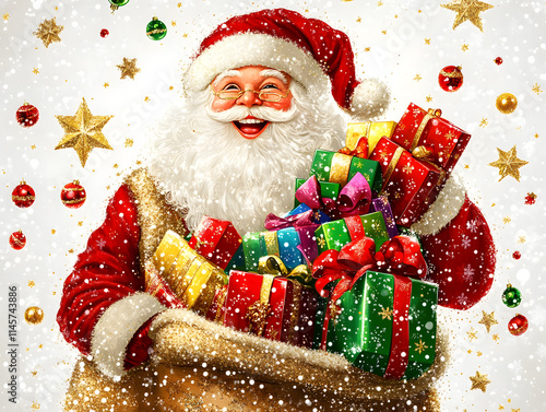 Santa Claus with gifts and Christmas tree in a winter celebration scene