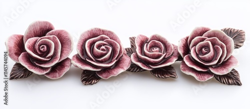 Elegant arrangement of striped pink roses adorned with green leaves on a pristine white background for decorative or floral themes.