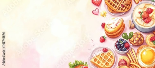 Valentine's Day brunch menu backdrop showcasing assorted breakfast and lunch dishes with vibrant colors and festive elements for romantic dining