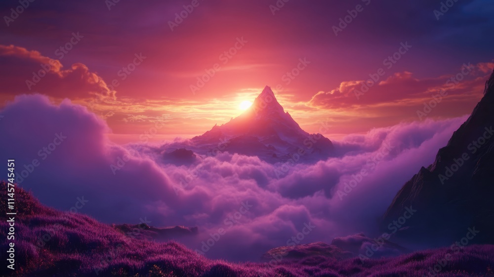 Fototapeta premium Majestic sunset illuminating a mountain peak above vibrant clouds in a serene landscape.