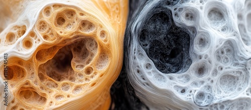 Close-up of textured surfaces resembling organic forms in contrasting colors.