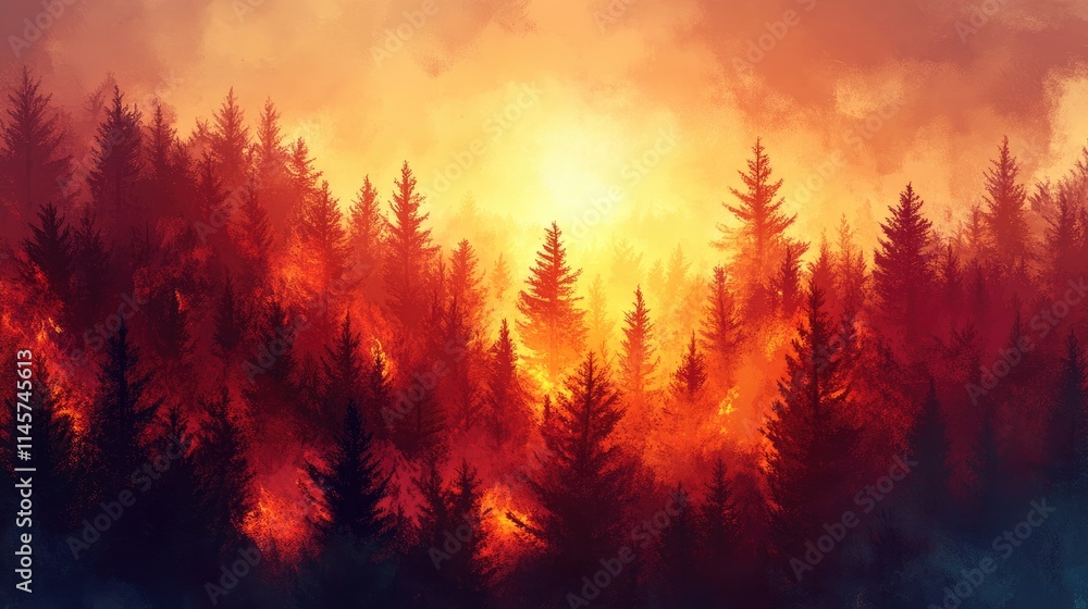 Dramatic sunset wildfire engulfing a pine forest in flames and billowing smoke creating a striking atmospheric scene Dramatic sunset wildfire engulfing a pine forest in flames and billowing smoke creating a striking atmospheric scene