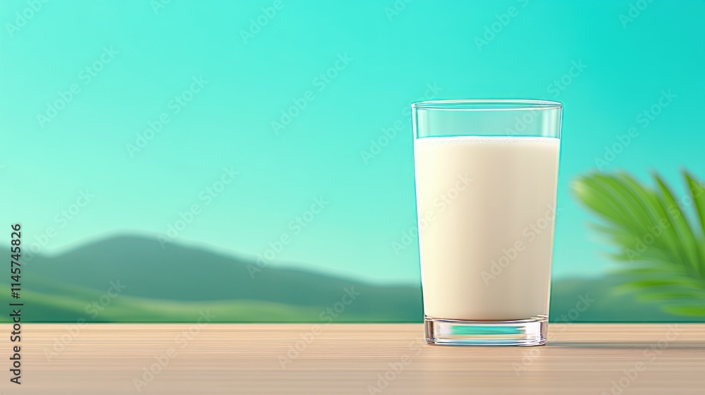 Alpine Freshness: Glass of Milk on Wooden Table with Green Landscape and Hills Alpine Freshness: Glass of Milk on Wooden Table with Green Landscape and Hills