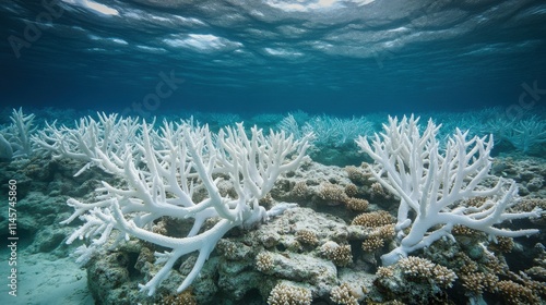 Fototapeta Naklejka Na Ścianę i Meble -  A coral reef bleached and dying, showing the devastating effects of global warming on marine ecosystems and ocean health