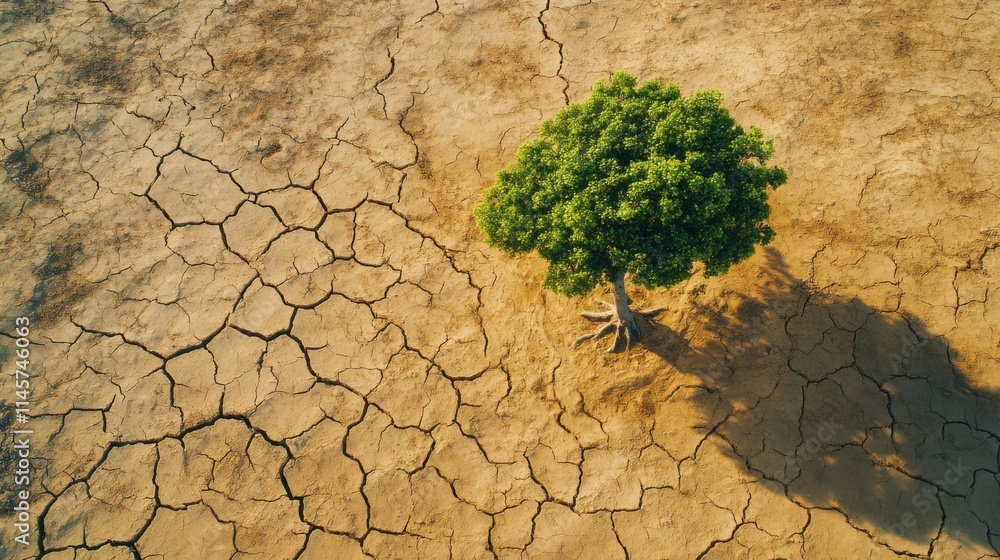 Fototapeta premium A lone tree standing in a parched desert, surrounded by cracked earth, representing the growing threat of desertification caused by global warming