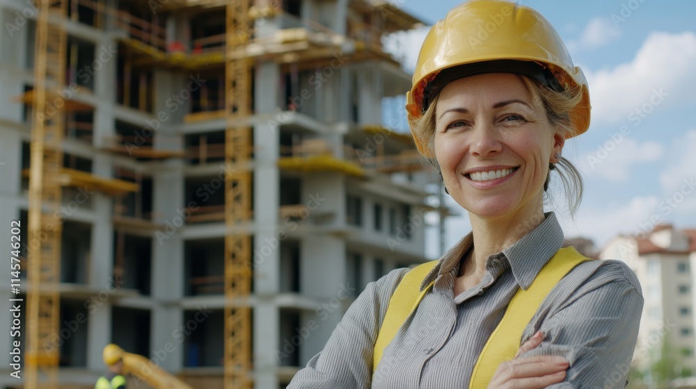 A smiling middle-aged woman, a worker in a construction helmet with his arms crossed on his chest against the background of a construction site, a builder A smiling middle-aged woman, a worker in a construction helmet with his arms crossed on his chest against the background of a construction site, a builder