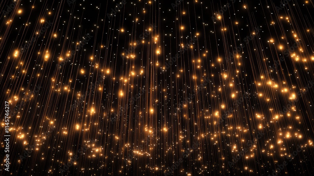 Naklejka premium Serene night sky adorned with cascading string lights creating a magical ambiance and shimmering golden glow in a dark backdrop