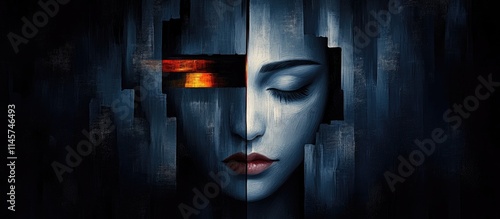 Contemporary art depicting dual emotions of a woman's face showcasing the impact of social networks framed within a phone design.