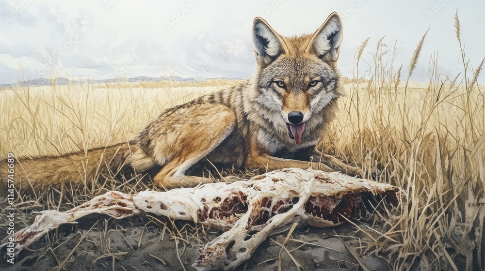 Obraz premium Coyote feeding on carcass in a natural landscape showcasing wildlife behavior in a dry grassland environment
