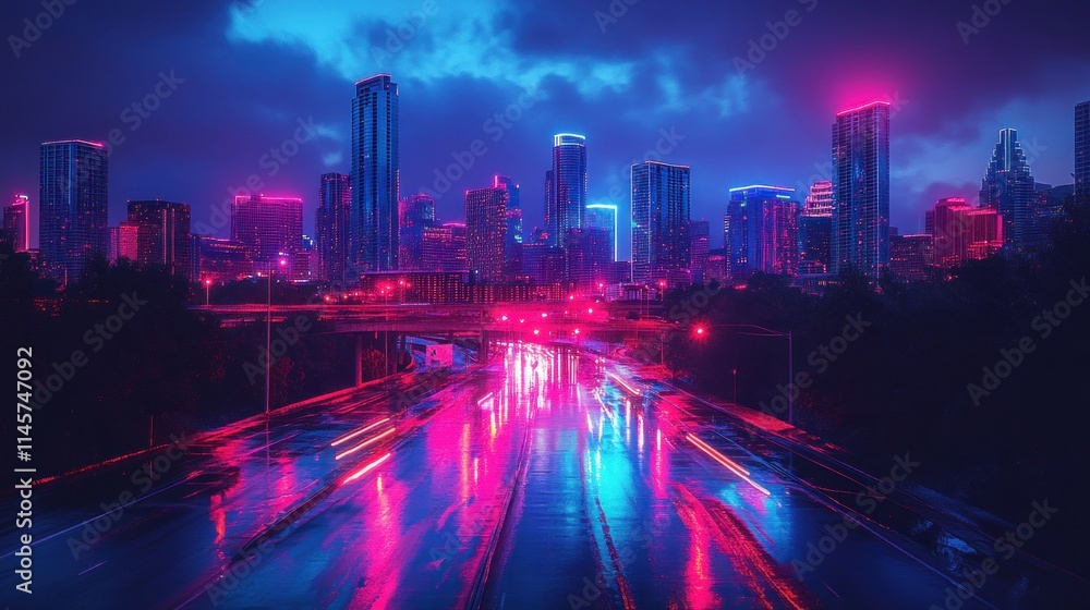 Fototapeta premium A vibrant city skyline at night, illuminated by neon lights and reflected on wet streets.