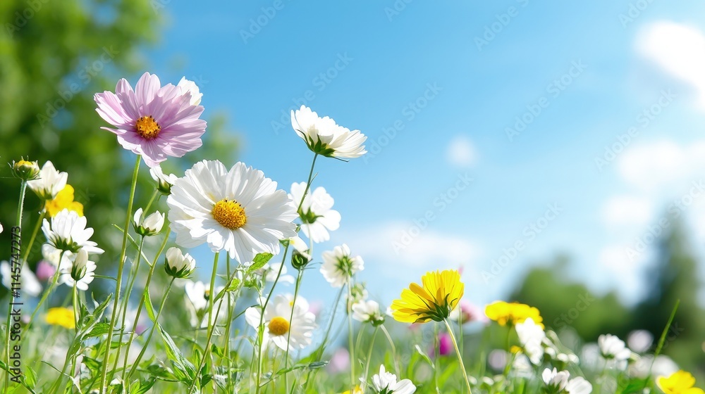 Vibrant wildflowers bloom under a sunny sky. Vibrant wildflowers bloom under a sunny sky.