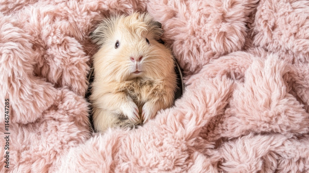 A cute guinea pig nestled in a soft, pink blanket, showcasing its adorable features. A cute guinea pig nestled in a soft, pink blanket, showcasing its adorable features.